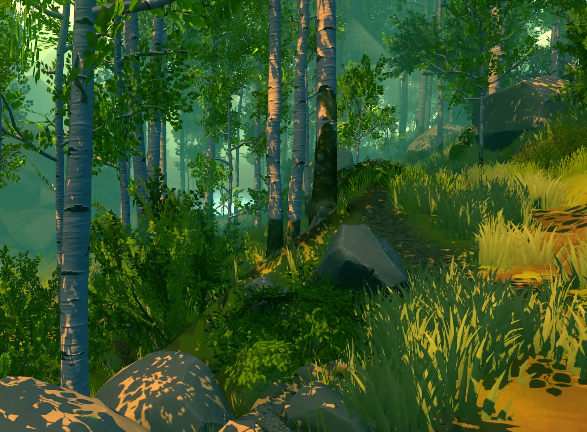 A view of the forest in Firewatch.