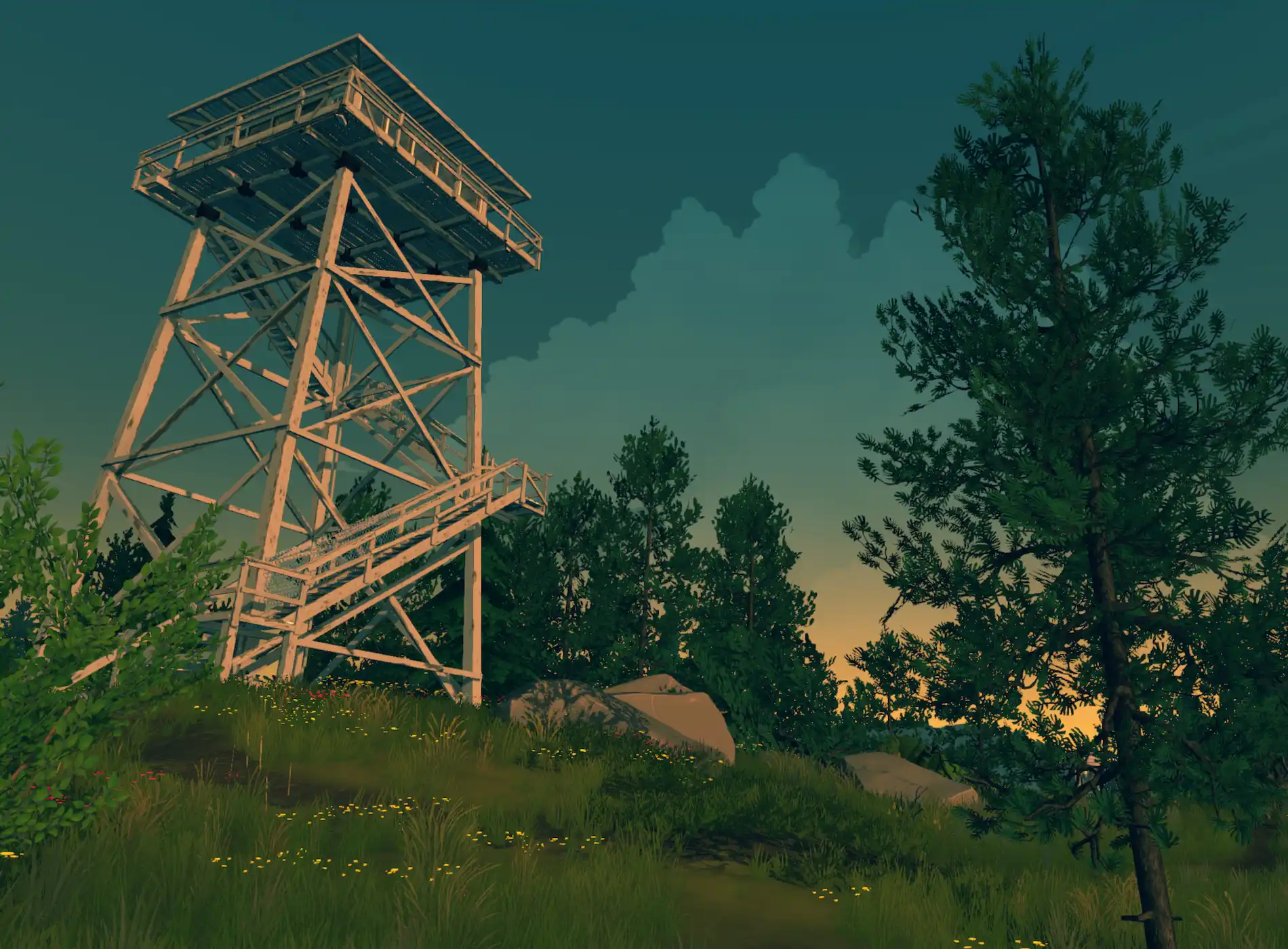 A ground-level view of Henry's tower inFirewatch.'.